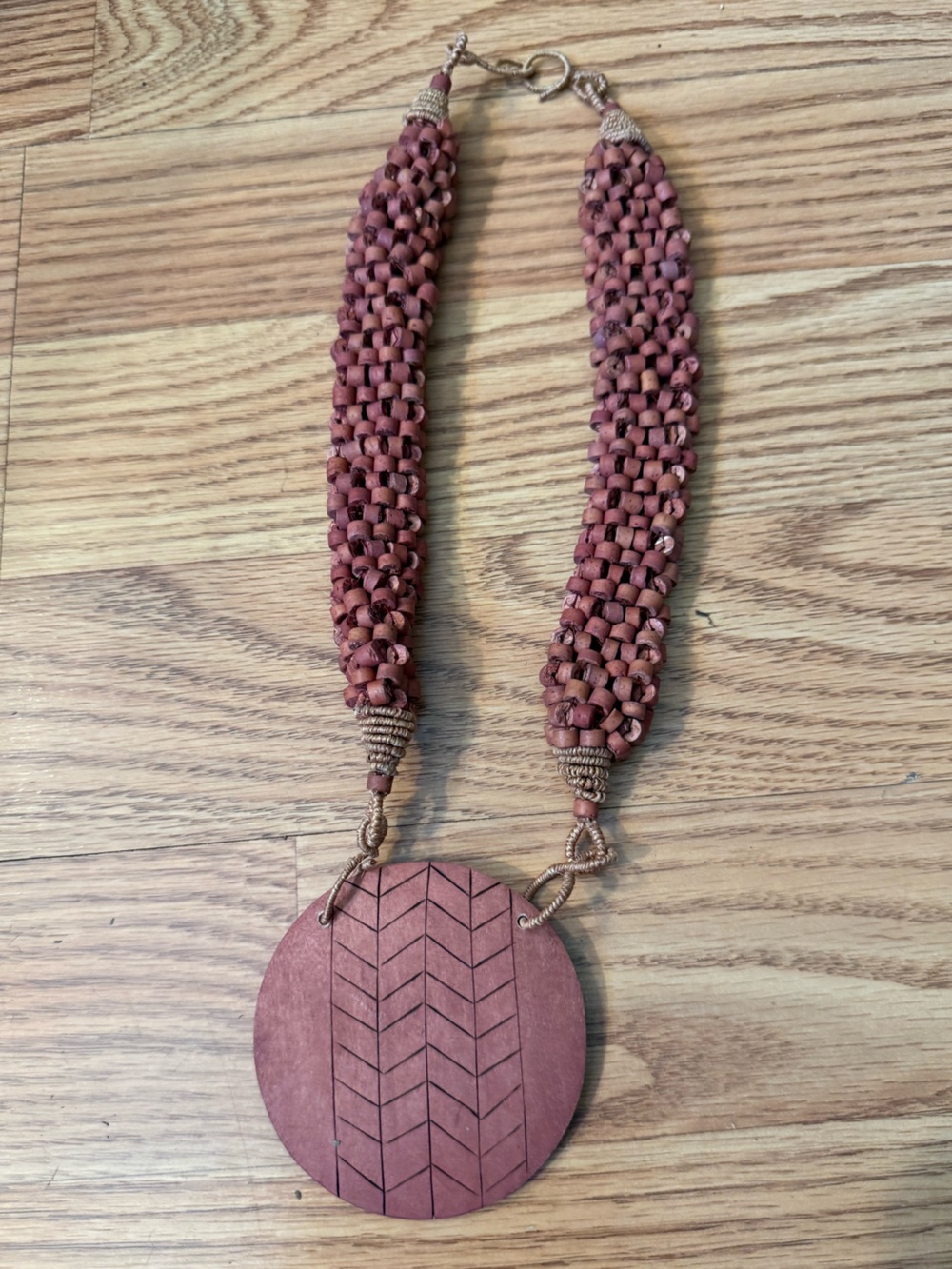 Handmade natural all wooden bead and pendent necklace with wire @ jute clasp.